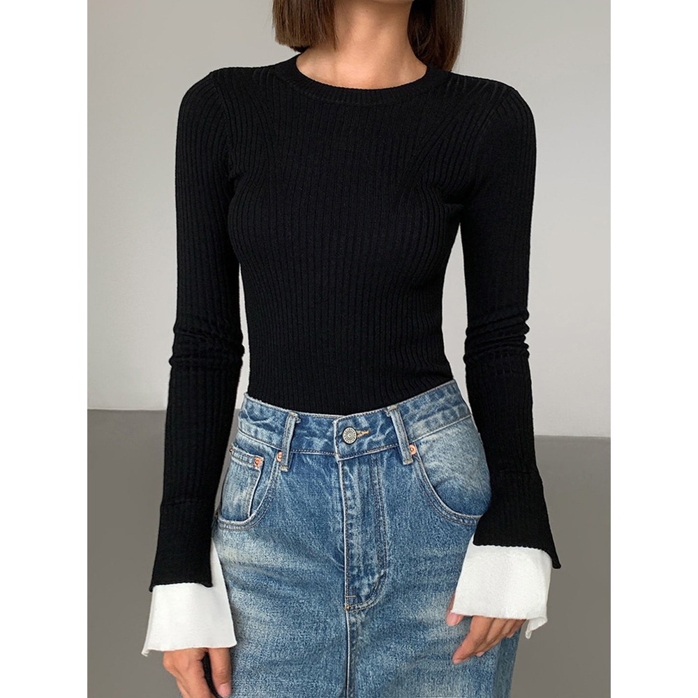 COMMENSE Ribbed Contrast Cuff Sweater Black - Size XS / NWT